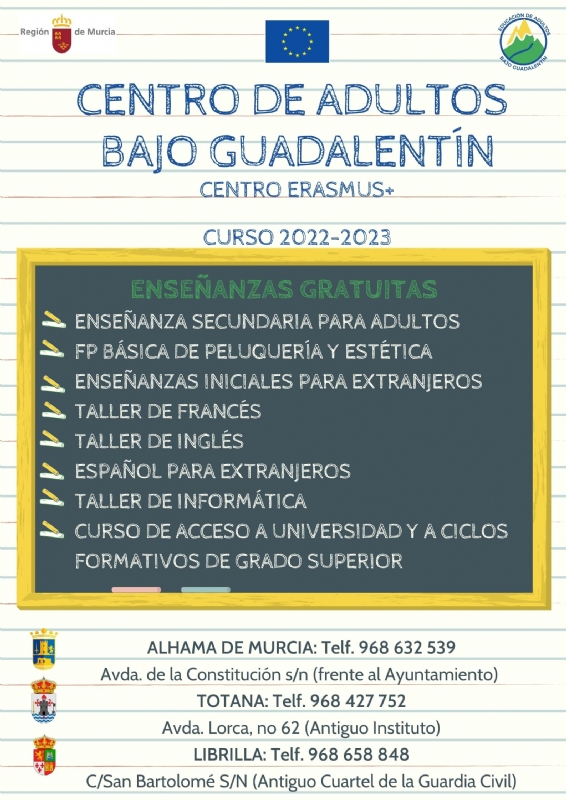 Abierto el plazo de inscripción en el Centro de Adultos Bajo Guadalentín, cuya matrícula para el curso 2022/23 se puede realizar hasta el 10 de junio