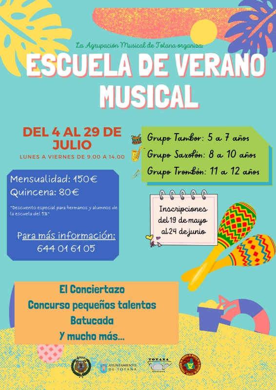 Mañana comienza el plazo de inscripción para la Escuela de Verano Musical, organizada por la Agrupación Musical de Totana en colaboración con las concejalías de Juventud y Cultura