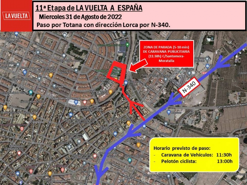 La caravana publicitaria de la Vuelta a España 2022 hará parada en el lateral del Pabellón de Deportes "Manolo Ibáñez", entre las calles Santomera y Moratalla (11.30 horas)