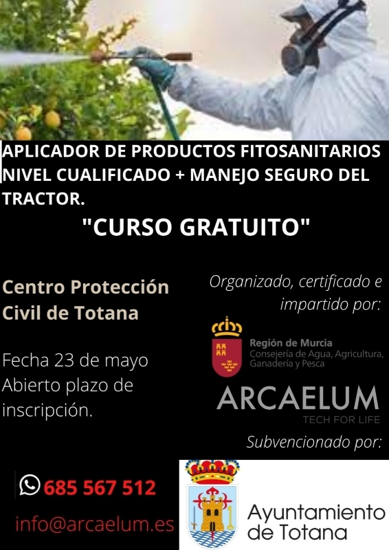 Abierto el plazo de inscripción para el curso "Aplicador de productos fitosanitarios nivel cualificado + Manejo seguro del tractor", que financia el Ayuntamiento de Totana