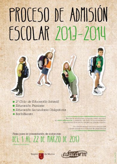 LA CONCEJALÍA DE EDUCACIÓN INFORMA DE QUE HOY SE ABRE EL PROCESO DE ADMISIÓN DE ALUMNOS DE SEGUNDO CICLO DE EDUCACIÓN INFANTIL, EDUCACIÓN PRIMARIA, SECUNDARIA Y BACHILLERATO PARA EL CURSO ESCOLAR 2013/2014