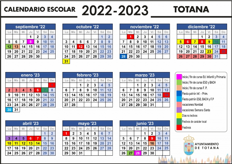 El curso escolar 2022/23 en Totana comenzará en Educación Infantil y Primaria el 8 de septiembre, mientras que en la ESO y Bachillerato lo harán el 12 y en FP el 23 del mismo mes