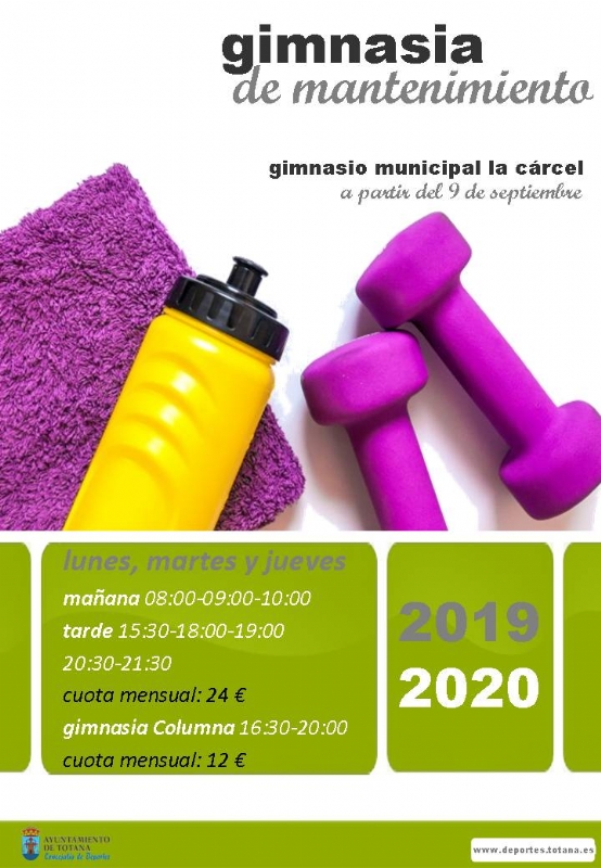 La Concejalía de Deportes pone en marcha el próximo 9 de septiembre el programa municipal de Gimnasia de Mantenimiento para el curso 2019/2020, en el gimnasio municipal "La Cárcel"