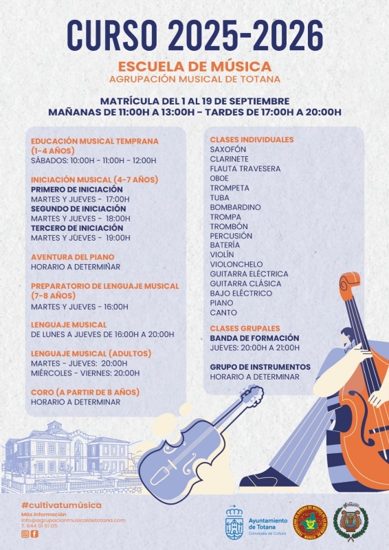 La Agrupación Musical de Totana abre desde hoy y hasta el próximo 19 de septiembre el plazo de matrícula de su oferta formativa para el curso 2025/2026