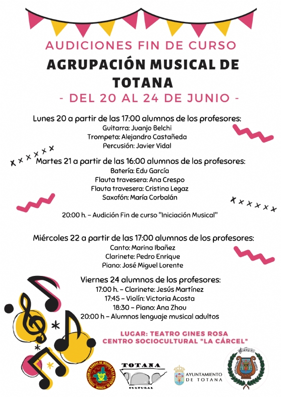 Las audiciones de fin de curso de la Agrupacin Musical de Totana tendrn lugar del 20 al 24 de junio en el Teatro Gins Rosa