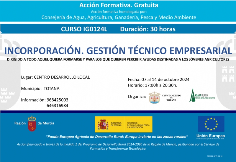 Ofertan las ltimas plazas para el Curso de Gestin Tcnico Empresarial, de carcter gratuito, que tendr lugar del 7 al 14 de octubre, en colaboracin con ASAJA