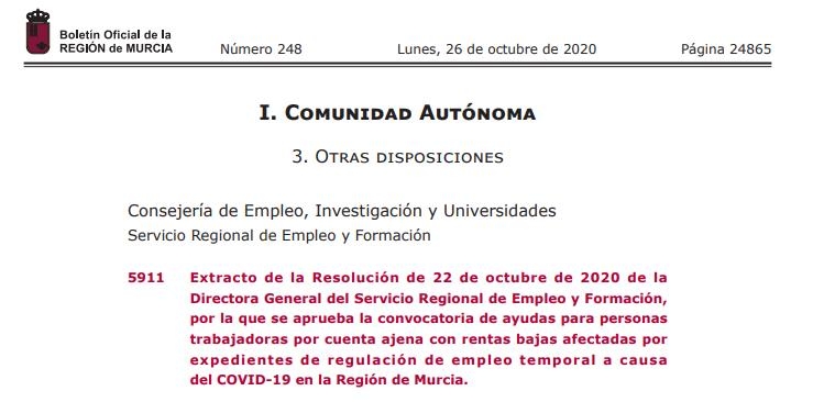 Ayudas para personas trabajadoras por cuenta ajena con rentas bajas afectadas por expedientes de regulacin de empleo temporal a causa del COVID-19 en la Regin de Murcia.