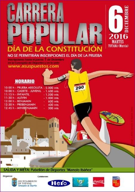 La Carrera Popular "Día de la Constitución" que organiza la Concejalía de Deportes se celebra este martes, día 6 de diciembre, en la urbanización "El Parral