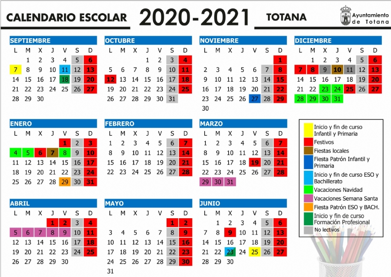 El curso escolar 2020/21 en el municipio de Totana comenzará en Educación Infantil y Primaria el 7 de septiembre, mientras que en la ESO y Bachillerato lo harán el 11 y en FP el 18 del mismo mes