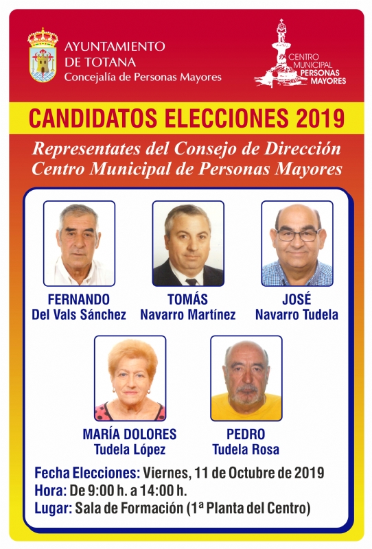 Un total de cinco candidatos concurren finalmente a las elecciones del nuevo Consejo de Direccin del Centro Municipal de Personas Mayores de Totana
