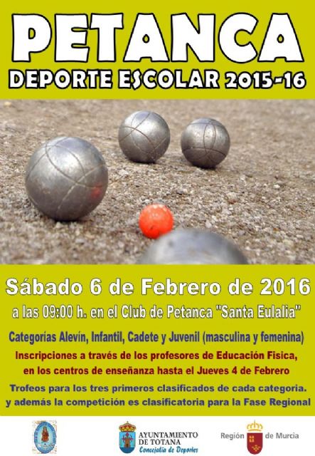 La Concejalía de Deportes organiza el próximo sábado, 6 de febrero, la Fase Local de Petanca de Deporte Escolar, en las instalaciones del Club de Petanca "Santa Eulalia"