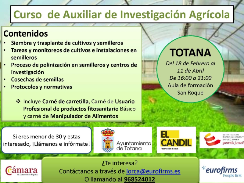 El Ayuntamiento y el Colectivo "El Candil" organizan un Curso de Auxiliar de Investigación Agrícola en el marco del programa de Garantía Juvenil, del 18 de febrero al 11 de abril