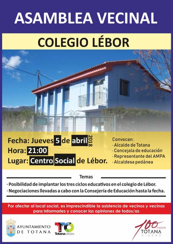 El Centro Social de Lébor acoge mañana 5 de abril (21:00 horas) una asamblea vecinal para tratar asuntos relacionados en materia de Educación con esta pedanía