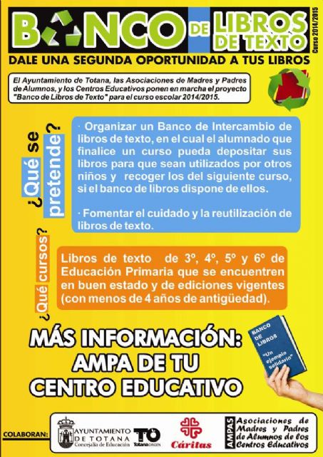 EL AYUNTAMIENTO, LAS AMPAS DE LOS CENTROS EDUCATIVOS Y CÁRITAS PONEN EN MARCHA EL PROYECTO "BANCO DE LIBROS DE TEXTO" PARA EL CURSO ESCOLAR 2014/15