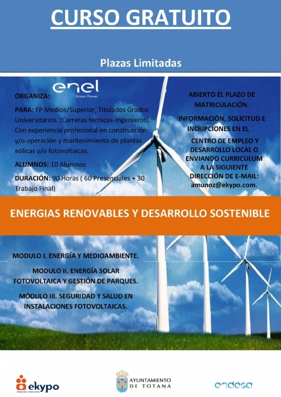 Todava quedan plazas en el Curso de Energas Renovables y Desarrollo Sostenible, organizado por la Concejala de Desarrollo Econmico y la empresa Enel Green Power