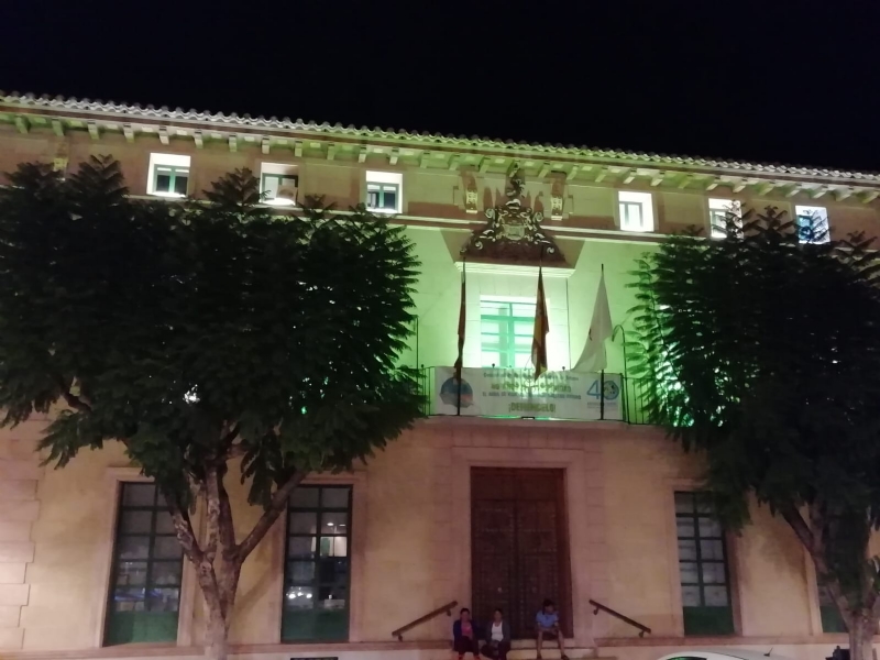 La fachada del edificio principal del Ayuntamiento se ha iluminado de color verde durante este fin de semana con motivo del Da Nacional de la Artritis