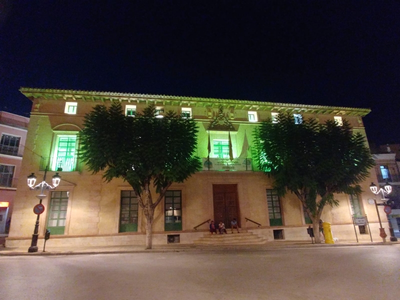 La fachada del edificio principal del Ayuntamiento se ha iluminado de color verde durante este fin de semana con motivo del Día Nacional de la Artritis