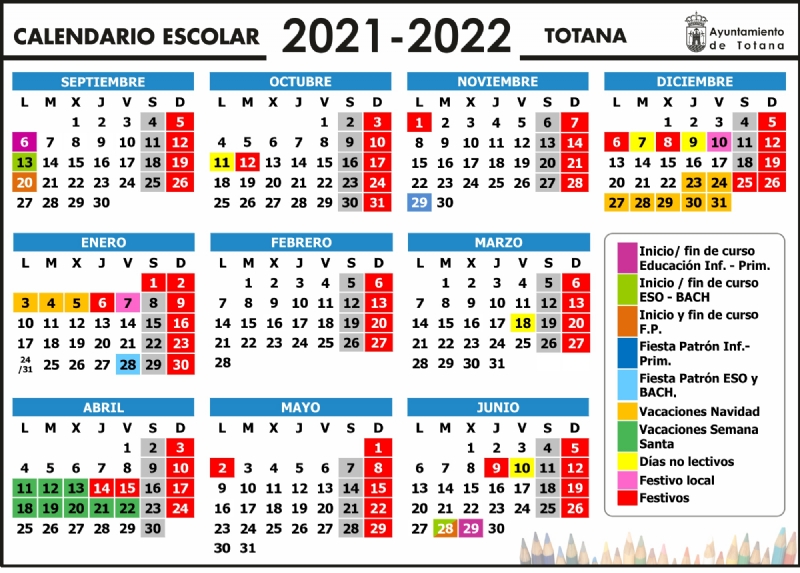 El curso escolar 2021/22 en Totana comenzar en Educacin Infantil y Primaria el 6 de septiembre, mientras que en la ESO y Bachillerato lo harn el 13 y en FP el 20 del mismo mes