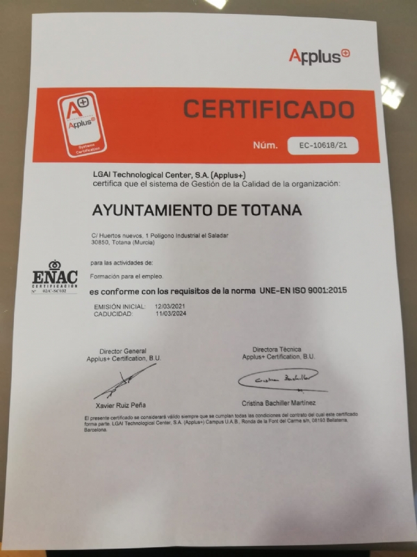 El rea  municipal de Formacin para el Empleo recibe la certificacin ISO 9001, la norma referente de calidad europea