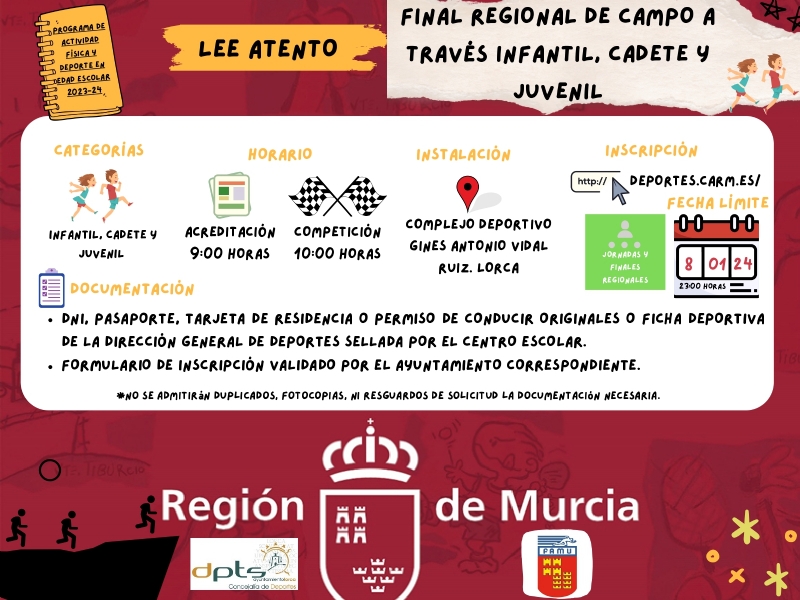 Un total de 20 deportistas totaneros participan mañana en la Final Regional Escolar de Campo a Través en las categorías Infantil, Cadete y Juvenil que se celebra en Lorca