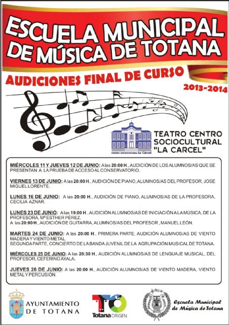 LA ESCUELA MUNICIPAL DE MÚSICA FINALIZA EL CURSO CON SIETE AUDICIONES QUE COMENZARÁN EL PRÓXIMO MIÉRCOLES 11 DE JUNIO EN EL TEATRO DEL CENTRO SOCIOCULTURAL LA CÁRCEL