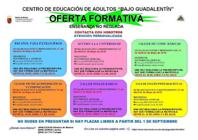 Ya se conoce la oferta formativa del Centro de Educación de Adultos "Bajo Guadalentín" para el curso 2015/2016, que se ofrece en el antiguo IES "Juan de la Cierva"