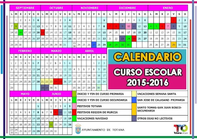 El comienzo del curso escolar 2015/16 en el municipio de Totana será el día 8 de septiembre en Educación Infantil y Primaria; y el día 16 en el caso de la ESO y Bachillerato