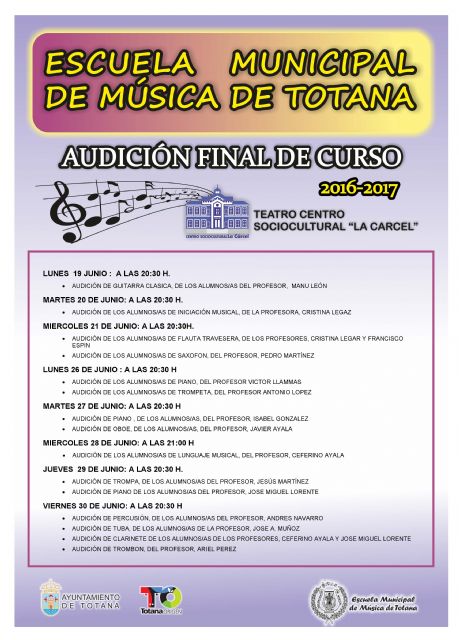 Quince audiciones de distintas disciplinas musicales tendrn lugar del 19 al 30 de junio con motivo de la clausura del curso 2016/2017 de la Escuela de Msica de Totana