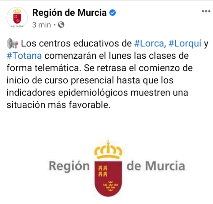 Vídeo. Los centros educativos de Totana, junto a los de Lorca y Lorquí, comenzarán el lunes las clases de forma telemática