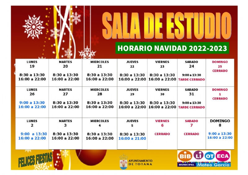 Se modifica el horario de la Biblioteca Municipal Mateo Garca y de la Sala de Estudio con motivo de las fiestas de Navidad