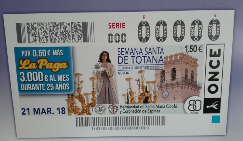Una imagen de Santa Mara Cleof en elegante conexin con la Torre de Santiago ilustra el cupn de la ONCE del sorteo del prximo 21 de marzo para promocionar la Semana Santa de Totana