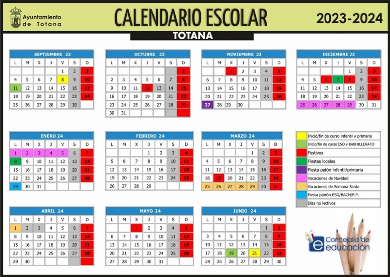 La Comunidad Autónoma da luz verde al calendario escolar del curso 2023/24 en el municipio de Totana, que comenzará en Educación Infantil y Primaria el próximo 8 de septiembre