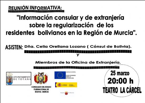 LA CÓNSUL DE BOLIVIA VISITARÁ EL PRÓXIMO 25 DE MARZO TOTANA PARA INFORMAR SOBRE EL PROCESO DE REGULARIZACIÓN DEL COLECTIVO BOLIVIANO RESIDENTE EN MURCIA