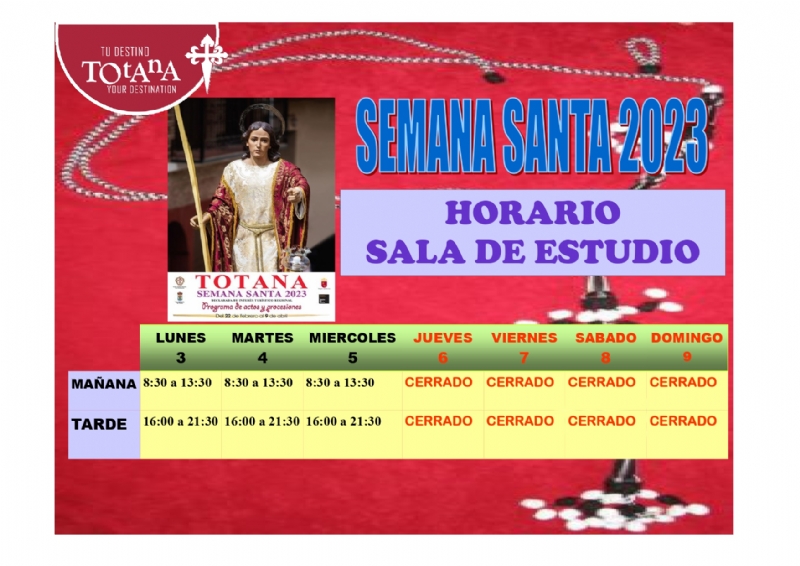 Se da cuenta del nuevo horario de la Biblioteca Municipal Mateo Garca y la Sala de Estudio con motivo de las fiestas de Semana Santa