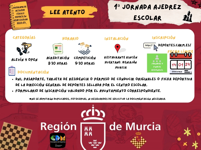 Los equipos de categoría Open de los IES Juan de la Cierva y Prado Mayor estarán presentes en la I Jornada Escolar Regional de Ajedrez del próximo viernes