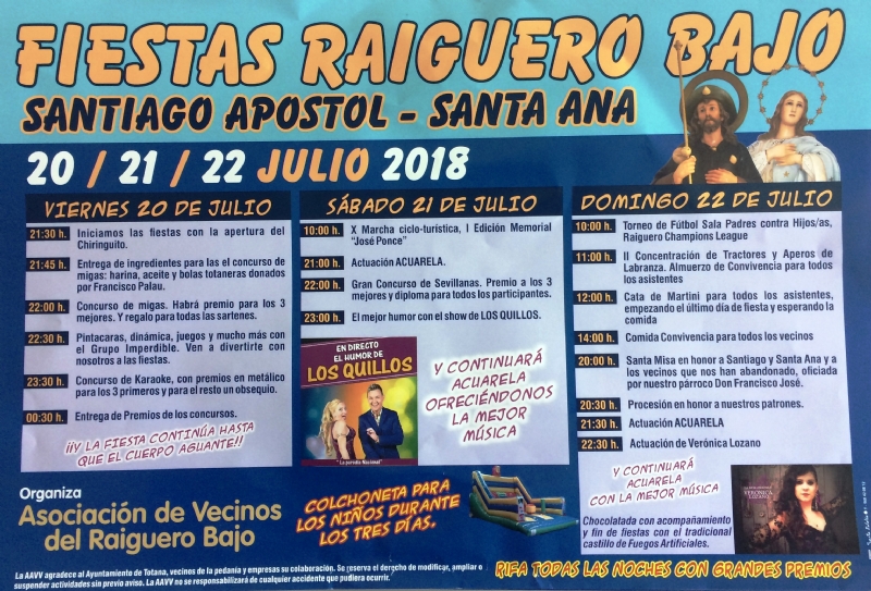 Las fiestas del Raiguero Bajo, en honor de Santiago Apstol y Santa Ana, se celebran el prximo fin de semana del 20 al 22 de julio
