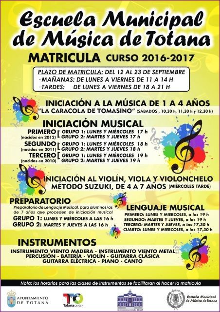 El plazo de matrícula de la Escuela Municipal de Música de Totana para el curso 2016/2017 es hasta el próximo día 23 de septiembre; y este año se oferta, como novedad, un Taller de Inglés Musical