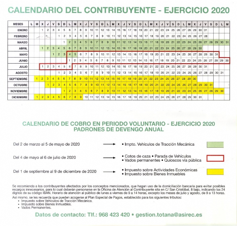 La Concejala de Hacienda hace pblico el calendario del contribuyente del ao 2020, con los conceptos y fechas previstas en perodo voluntario