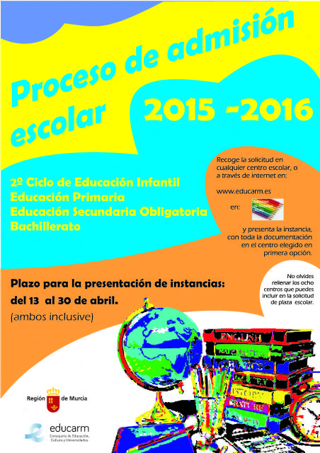 Educación informa de que el proceso de admisión de alumnos para centros de Infantil, Primaria, Secundaria y Bachillerato comienza el próximo 13 de abril para el curso 2015/16