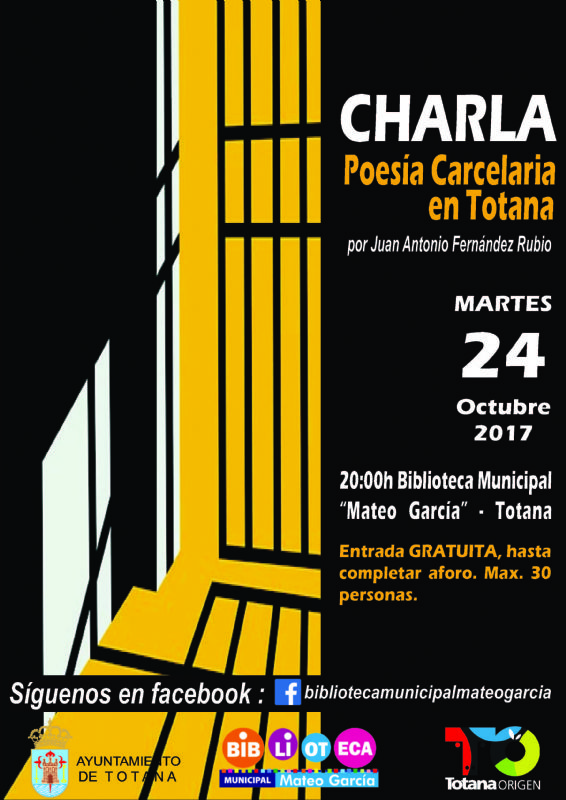 La Concejala de Cultura organiza la charla Poesa carcelaria el prximo 24 de octubre en la biblioteca municipal (20:00 horas)