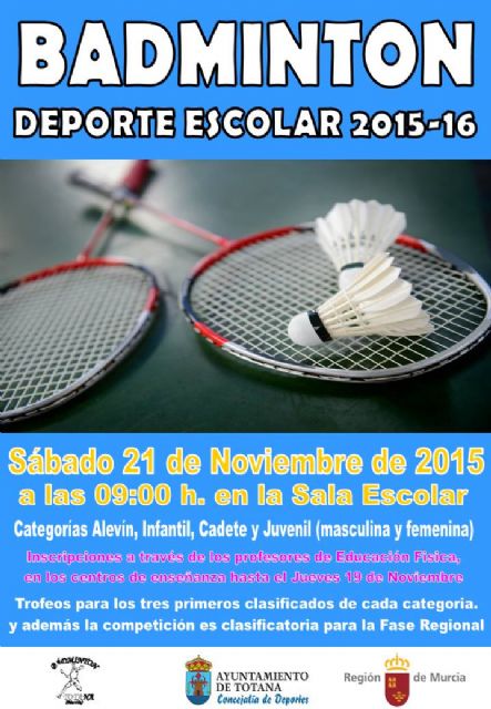  La Concejalía de Deportes organiza el próximo sábado 21 de noviembre la Fase Local de Bádminton de Deporte Escolar, en la Sala Escolar