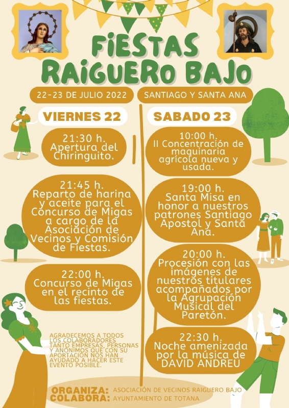 Las fiestas del Raiguero Bajo, en honor a Santiago Apstol y Santa Ana, se celebrarn los prximos das 22 y 23 de julio