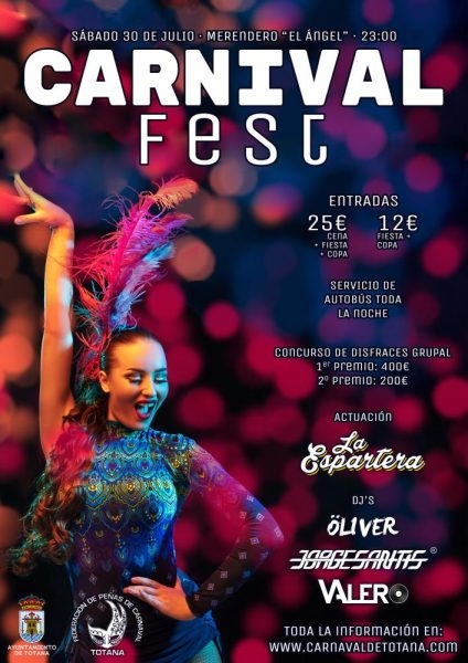 El Carnival Fest, que organiza la Federacin de Peas del Carnaval de Totana, clausurar las fiestas de Santiago con un concurso de disfraces y actuaciones musicales 