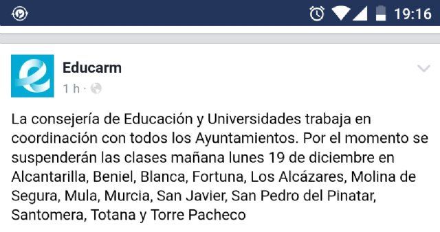 ÚLTIMA HORA: La Consejería de Educación comunica la suspensión de las clases mañana en los centros educativos de Totana a consecuencia del fuerte temporal de lluvias