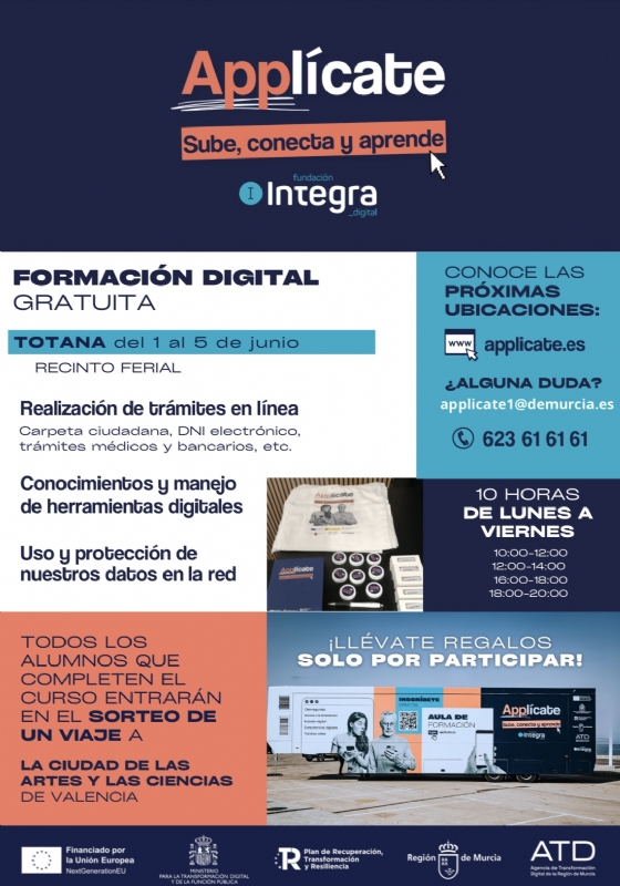 Totana acoge, del 1 al 5 de junio, el aula m&oacute;vil del programa "Appl&iacute;cate: sube, conecta y aprende" para impulsar la formaci&oacute;n digital de la ciudadan&iacute;a