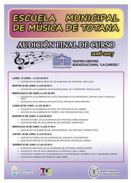 Hoy comienza el programa de audiciones en diferentes disciplinas musicales con motivo de la clausura del curso 2016/2017 de la Escuela de Msica de Totana 