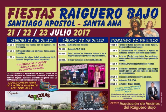 Las fiestas de El Raiguero Bajo se celebran este prximo fin de semana del 21 al 23 de julio, en honor a Santiago Apstol y Santa Ana