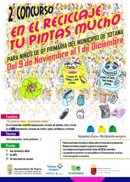 Se organiza el concurso de dibujo "En el reciclaje, tú pintas mucho" dirigido a escolares de 6° de Educación Primaria de los centros educativos de Totana