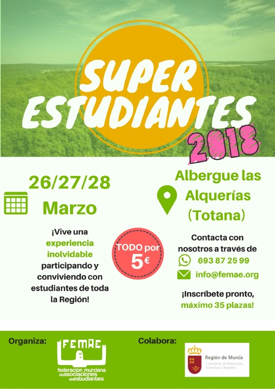 La Federación de Asociaciones de Estudiantes de la Región de Murcia organiza del 26 al 28 de marzo el Encuentro "SuperEstudiantes2018" en el albergue juvenil de Las Alquerías