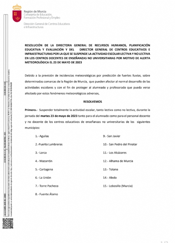Suspendidas las clases mañana martes en el municipio de Totana ante el aviso de fuertes lluvias, según ha comunicado la Consejería de Educación a la Alcaldía